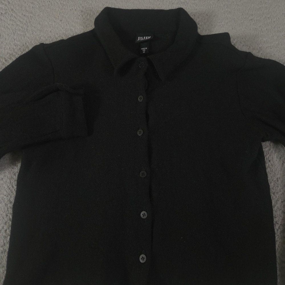 Eileen Fisher Sweater Womens M Black 100% Wool Button Front Collared Cardigan